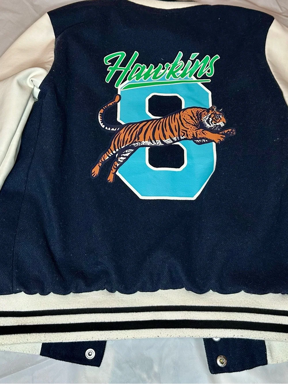 Justice Navy and White Girls' Varsity Jacket with Patch Details STRANGER THINGS